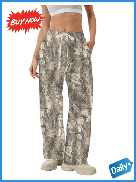 Pants - Wide Leg Camo Sweatpants High Waist Drawstring Fleece Lounge Pants